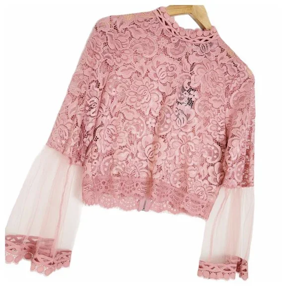 Love University Crop Top Blush Rose Sheer Lace Bell Sleeve Mock Neck Zip Back - Picture 3 of 12